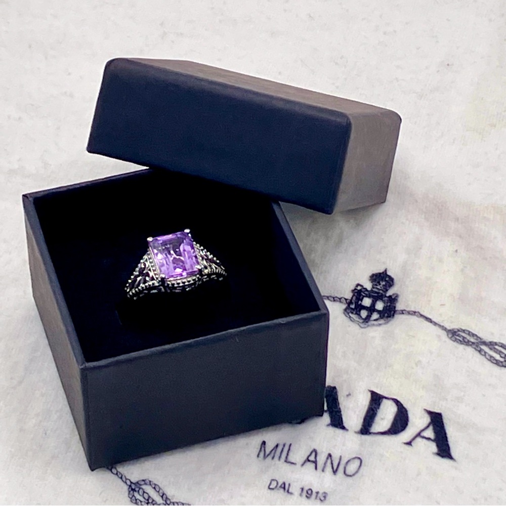 Stunning 3 Carat Emerald Cut Amethyst Ring in Platinum Over Sterling Silver - Picture 15 of 15